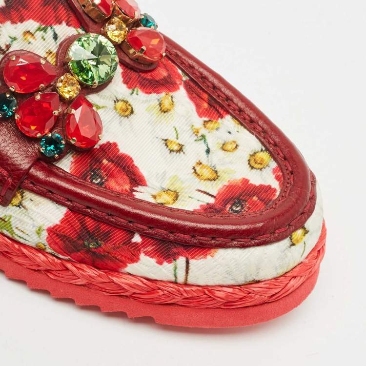 Pre Owned Dolce & Gabbana Red Floral Print Canvas and Leather Palermo Loafers Size 41