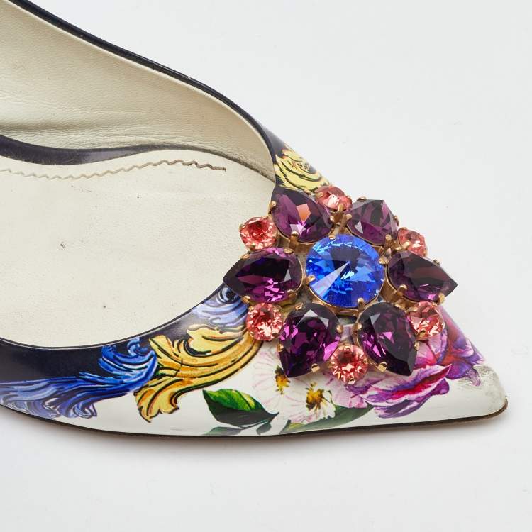 Pre Owned Dolce & Gabbana Multicolor Printed Leather Crystal Embellished Slingback Pumps Size 40