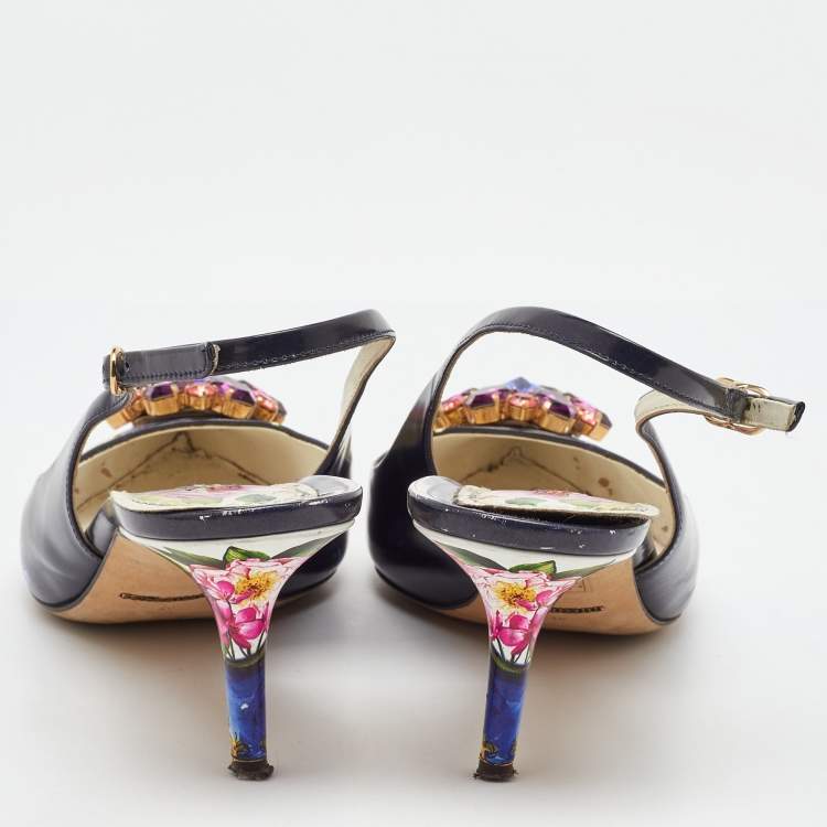 Pre Owned Dolce & Gabbana Multicolor Printed Leather Crystal Embellished Slingback Pumps Size 40