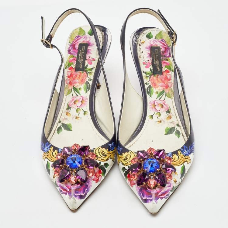 Pre Owned Dolce & Gabbana Multicolor Printed Leather Crystal Embellished Slingback Pumps Size 40