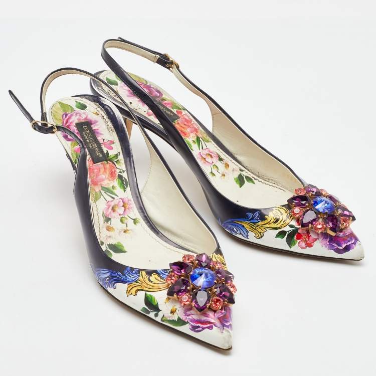 Pre Owned Dolce & Gabbana Multicolor Printed Leather Crystal Embellished Slingback Pumps Size 40