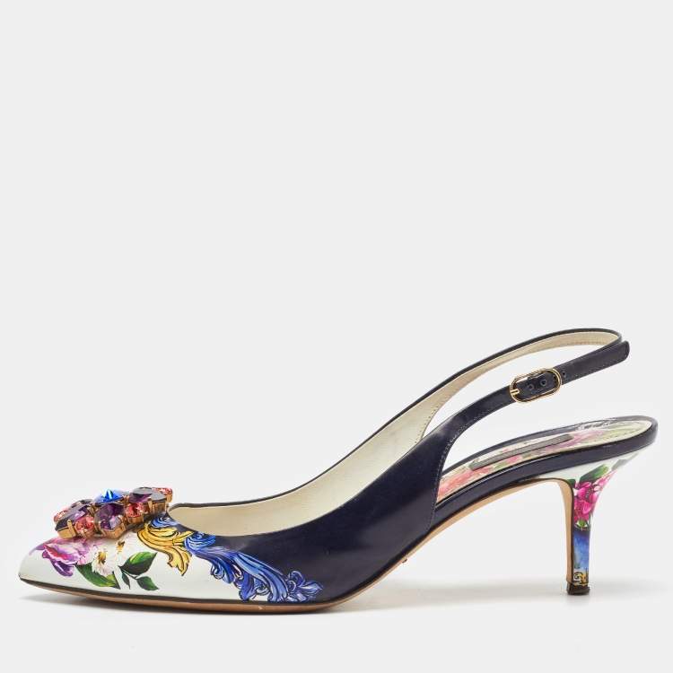 Pre Owned Dolce & Gabbana Multicolor Printed Leather Crystal Embellished Slingback Pumps Size 40