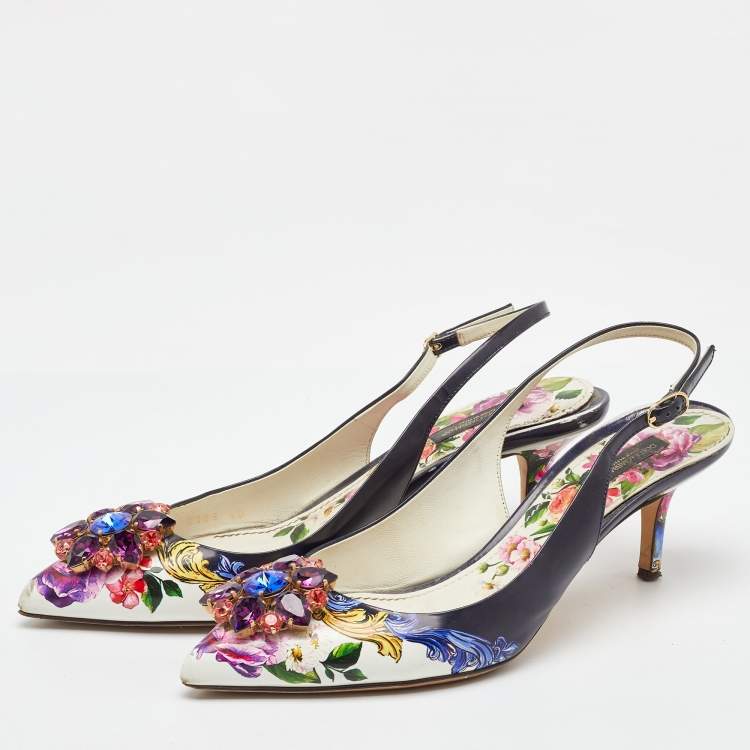 Pre Owned Dolce & Gabbana Multicolor Printed Leather Crystal Embellished Slingback Pumps Size 40