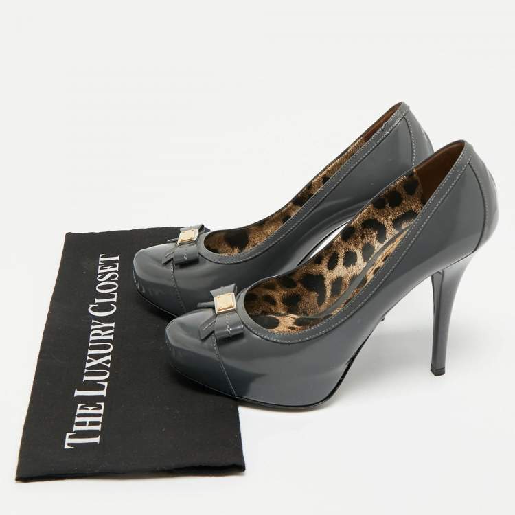 Pre Owned Dolce & Gabbana Grey Patent Leather Bow Platform  Pumps Size 39