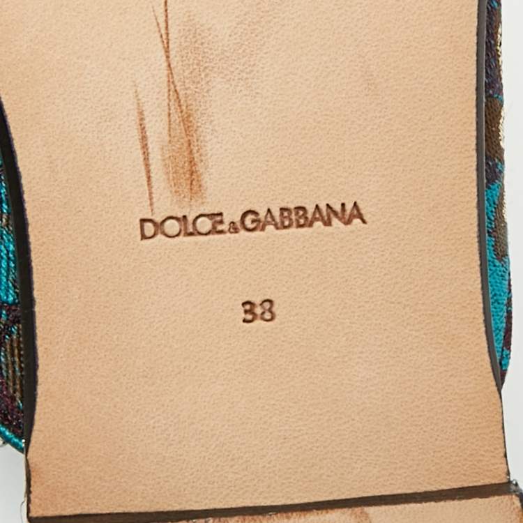 Pre Owned Dolce & Gabbana Blue/Brown Brocade Fabric Crystal Embellished Flat Mules Size 38