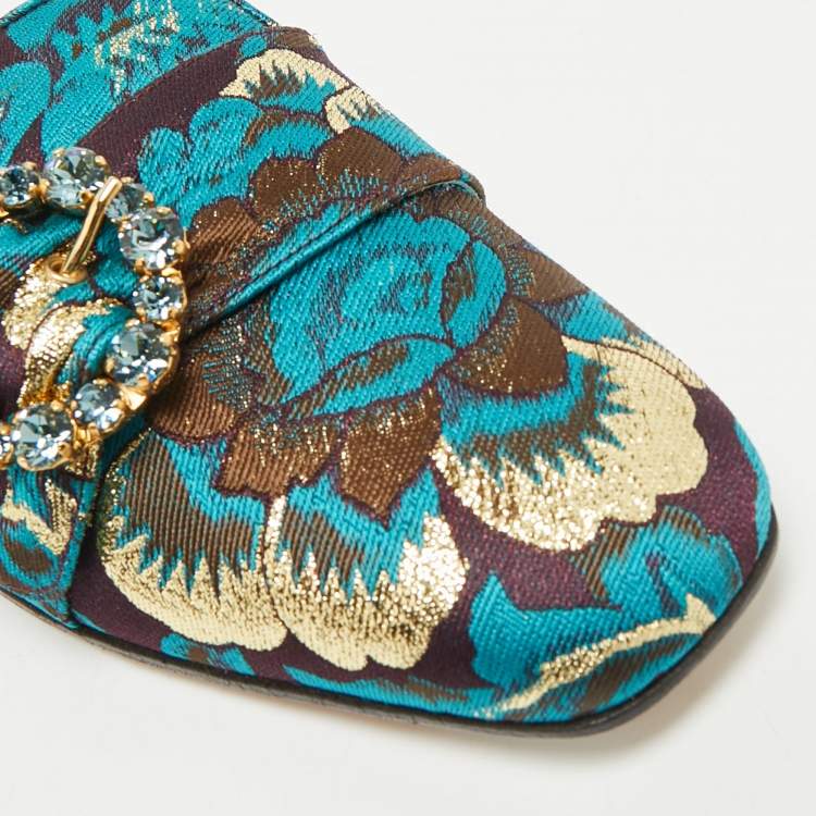 Pre Owned Dolce & Gabbana Blue/Brown Brocade Fabric Crystal Embellished Flat Mules Size 38