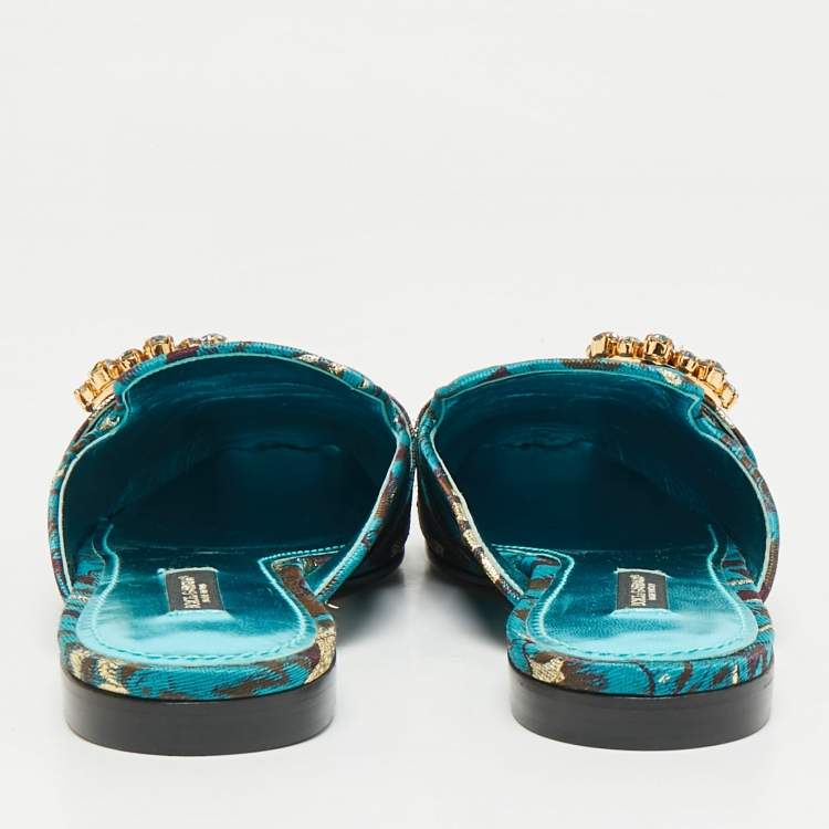 Pre Owned Dolce & Gabbana Blue/Brown Brocade Fabric Crystal Embellished Flat Mules Size 38