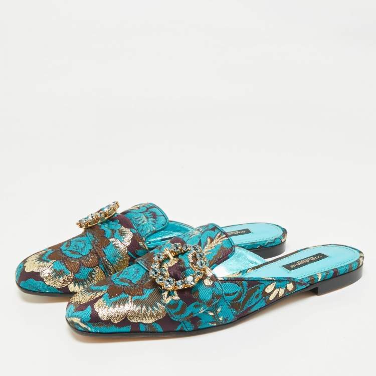 Pre Owned Dolce & Gabbana Blue/Brown Brocade Fabric Crystal Embellished Flat Mules Size 38