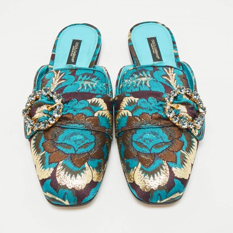 Pre Owned Dolce & Gabbana Blue/Brown Brocade Fabric Crystal Embellished Flat Mules Size 38