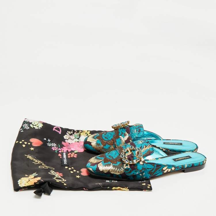 Pre Owned Dolce & Gabbana Blue/Brown Brocade Fabric Crystal Embellished Flat Mules Size 38