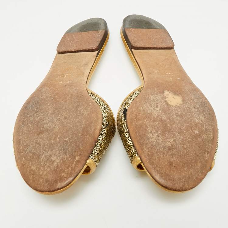 Pre Owned Dolce & Gabbana Gold Sequins and Leather Sofia Crystal Embellished Slide Flat Sandals Size 38.5