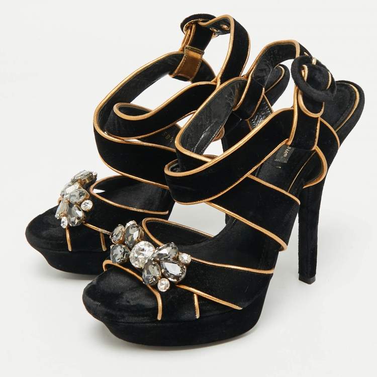 Pre Owned Dolce & Gabbana Black/Gold Velvet and Leather Crystal Embellished Platform Sandals Size 38.5
