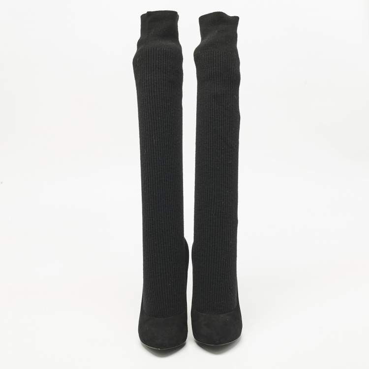 Pre Owned Dolce & Gabbana Black Suede and Fabric Platform Sock High Pumps Size 38