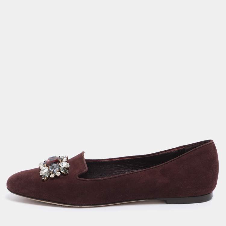 Pre Owned Dolce & Gabbana Brown Suede Crystal Embellished Smoking Slippers Size 37