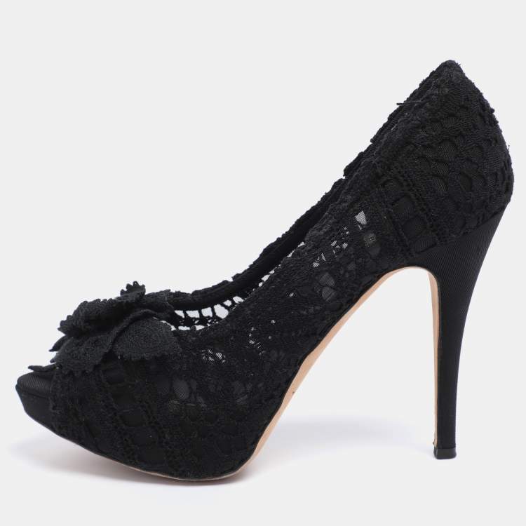 Pre Owned Dolce & Gabbana Black Lace Flower Lace Embellished Platform Pumps Size 38