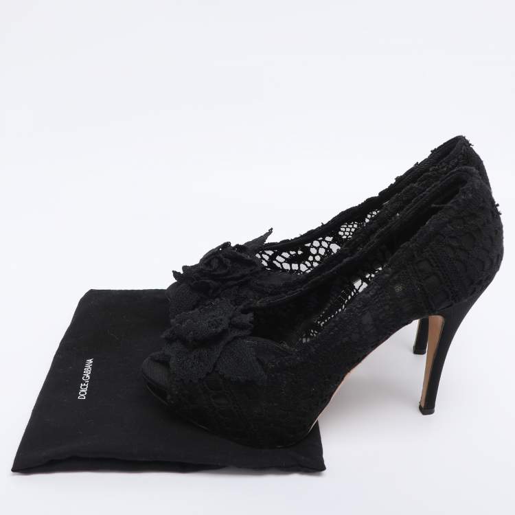 Pre Owned Dolce & Gabbana Black Lace Flower Lace Embellished Platform Pumps Size 38