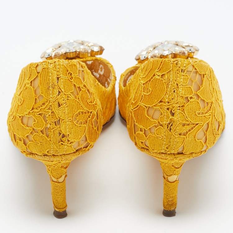 Pre Owned Dolce & Gabbana Yellow Lace and Mesh Bellucci Crystal Embellished Pointed Toe Pumps Size 40