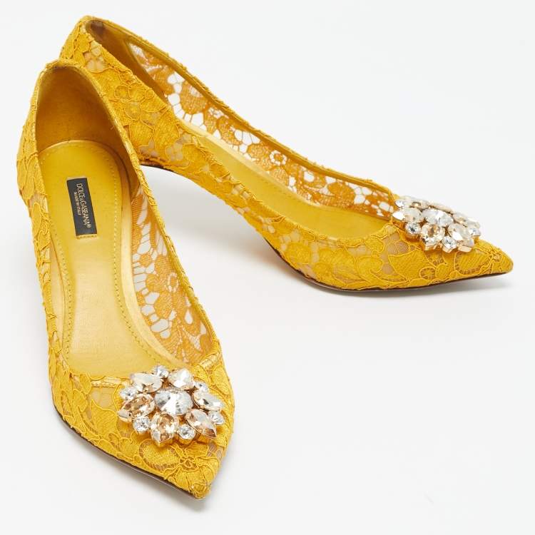 Pre Owned Dolce & Gabbana Yellow Lace and Mesh Bellucci Crystal Embellished Pointed Toe Pumps Size 40
