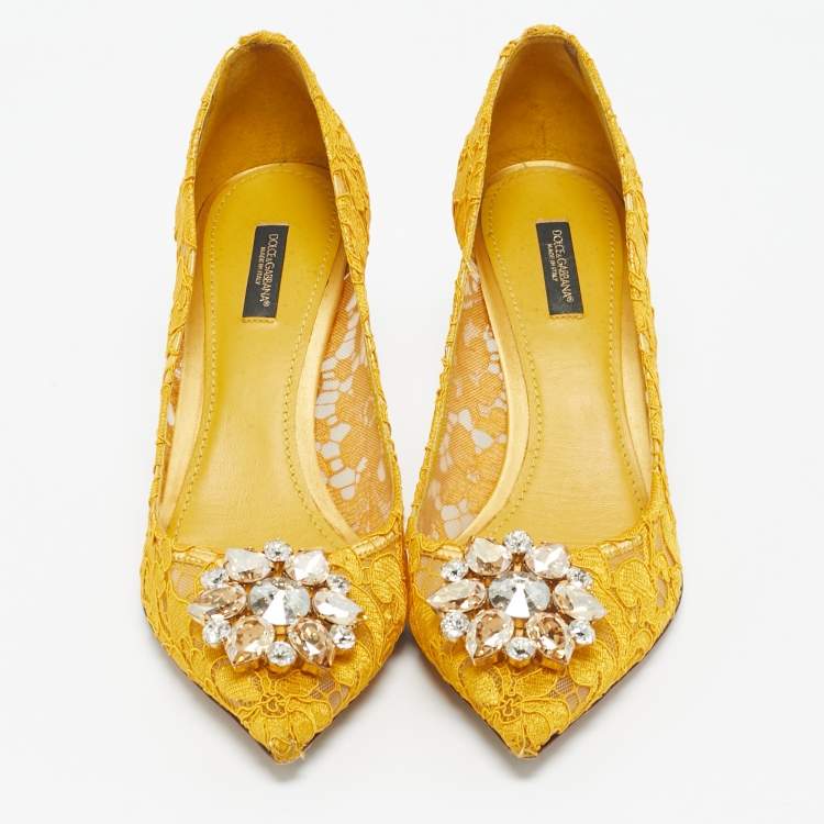 Pre Owned Dolce & Gabbana Yellow Lace and Mesh Bellucci Crystal Embellished Pointed Toe Pumps Size 40