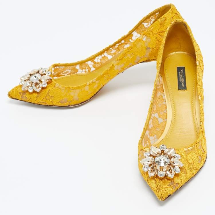 Pre Owned Dolce & Gabbana Yellow Lace and Mesh Bellucci Crystal Embellished Pointed Toe Pumps Size 40