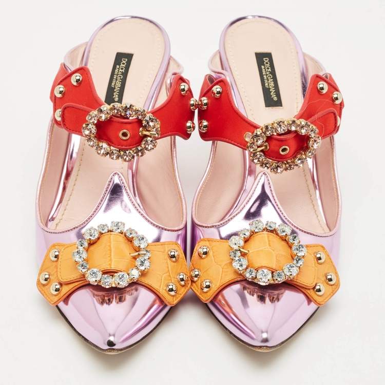 Pre Owned Dolce & Gabbana Tricolor Leather Crystal Embellished Buckle Detail Ankle Strap Mules Size 40