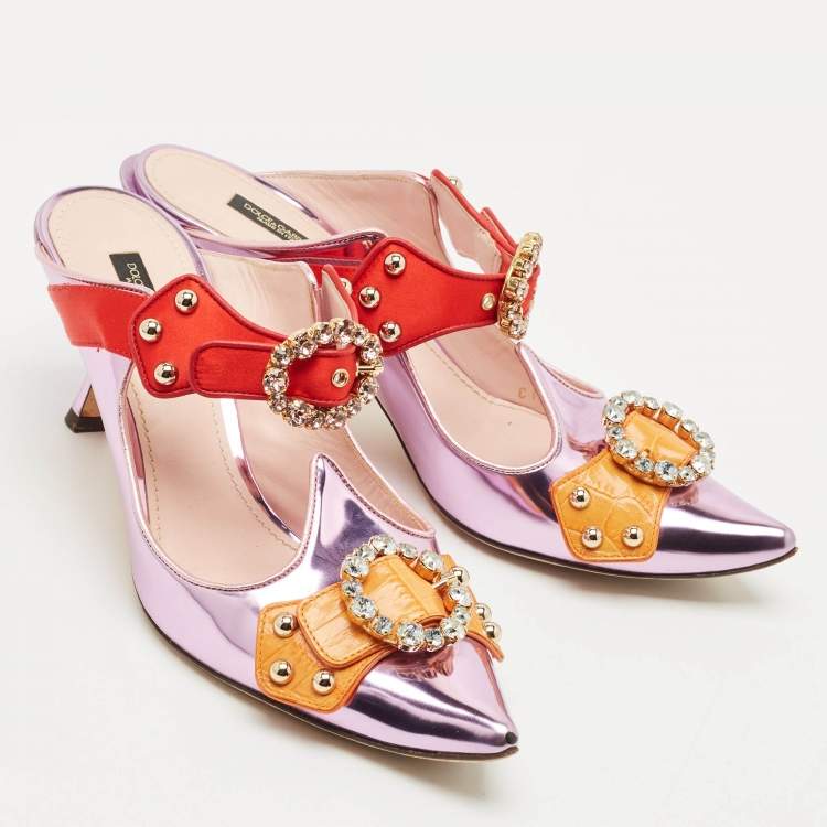 Pre Owned Dolce & Gabbana Tricolor Leather Crystal Embellished Buckle Detail Ankle Strap Mules Size 40