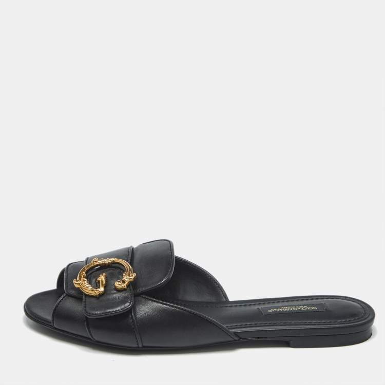 Pre Owned Dolce & Gabbana Black Leather Devotion Flat Slides Size 36.5