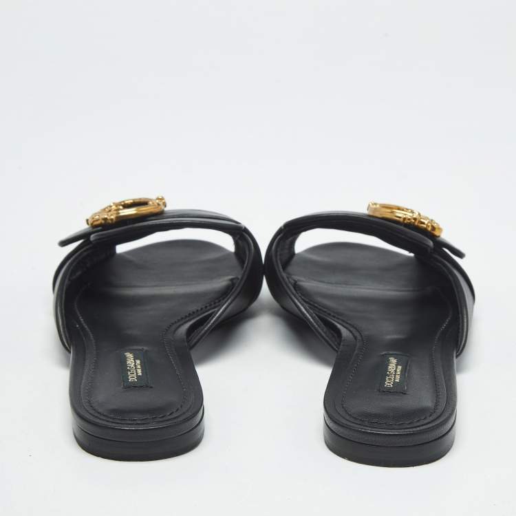 Pre Owned Dolce & Gabbana Black Leather Devotion Flat Slides Size 36.5