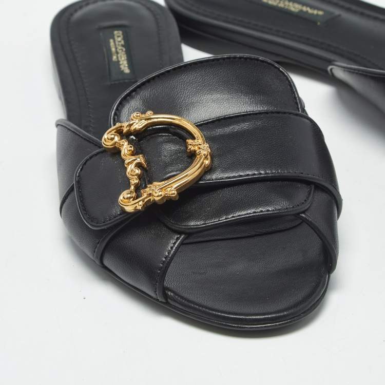 Pre Owned Dolce & Gabbana Black Leather Devotion Flat Slides Size 36.5