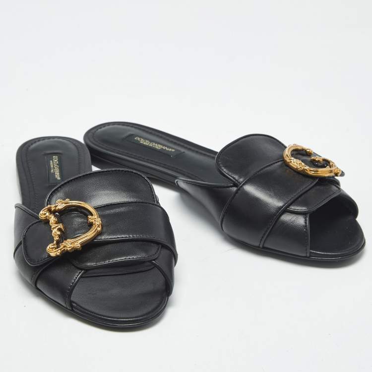 Pre Owned Dolce & Gabbana Black Leather Devotion Flat Slides Size 36.5