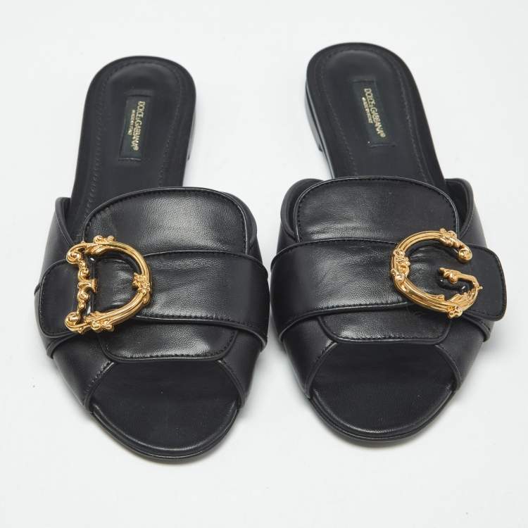 Pre Owned Dolce & Gabbana Black Leather Devotion Flat Slides Size 36.5