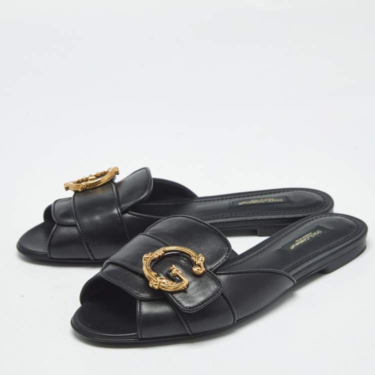 Pre Owned Dolce & Gabbana Black Leather Devotion Flat Slides Size 36.5