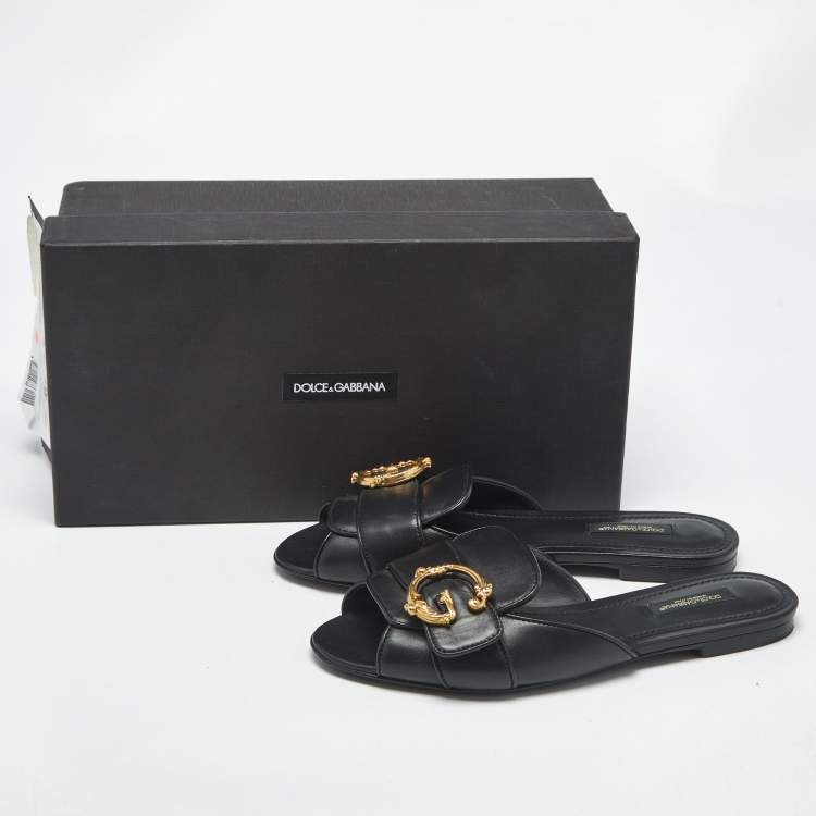 Pre Owned Dolce & Gabbana Black Leather Devotion Flat Slides Size 36.5