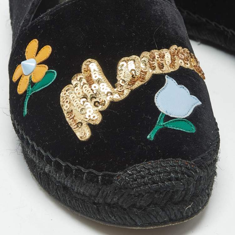 Pre Owned Dolce & Gabbana Black Velvet Embellished Espadrille Flats Size 38