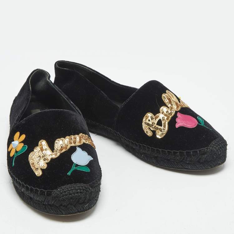 Pre Owned Dolce & Gabbana Black Velvet Embellished Espadrille Flats Size 38