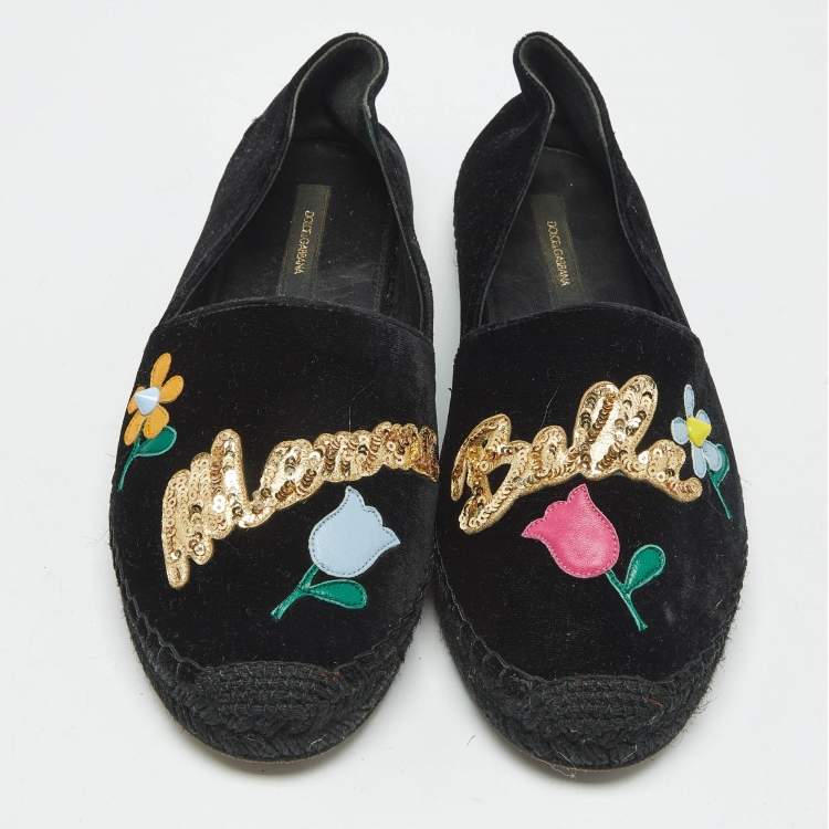 Pre Owned Dolce & Gabbana Black Velvet Embellished Espadrille Flats Size 38