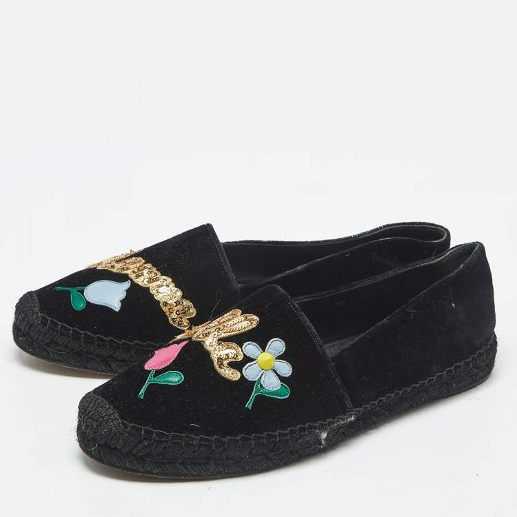 Pre Owned Dolce & Gabbana Black Velvet Embellished Espadrille Flats Size 38