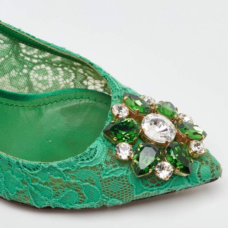 Pre Owned Dolce & Gabbana Green Lace Bellucci Crystal Embellishment Pumps Size 37