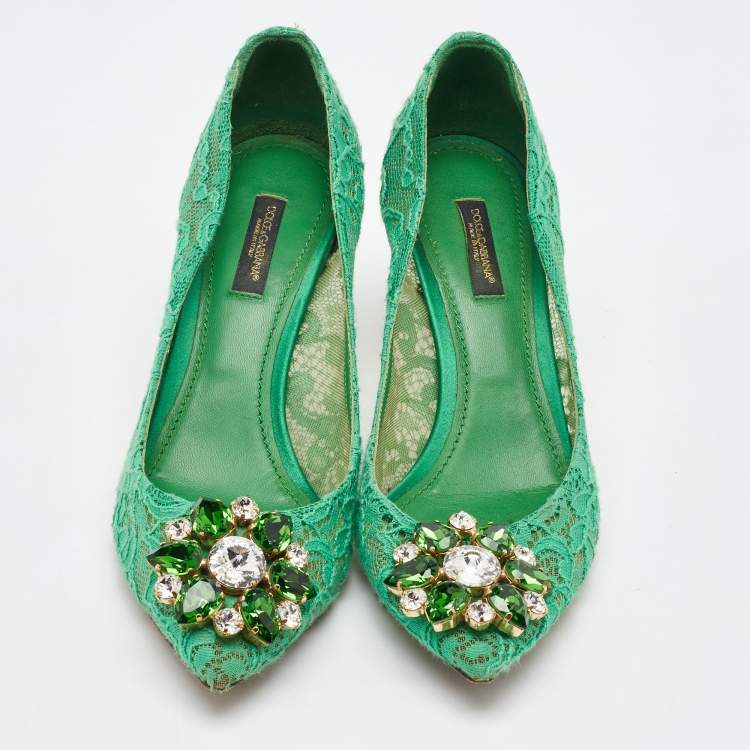 Pre Owned Dolce & Gabbana Green Lace Bellucci Crystal Embellishment Pumps Size 37