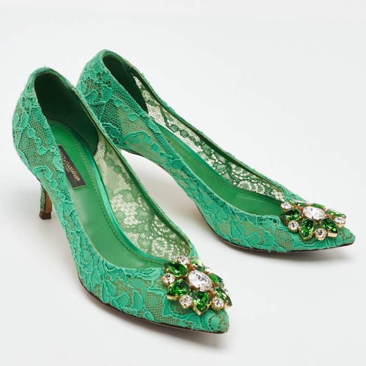 Pre Owned Dolce & Gabbana Green Lace Bellucci Crystal Embellishment Pumps Size 37