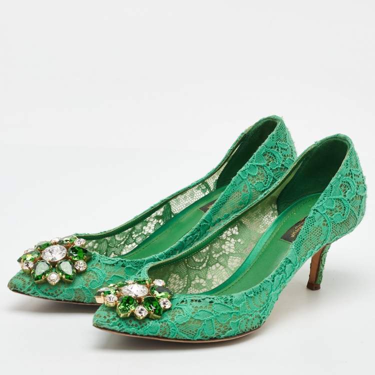 Pre Owned Dolce & Gabbana Green Lace Bellucci Crystal Embellishment Pumps Size 37