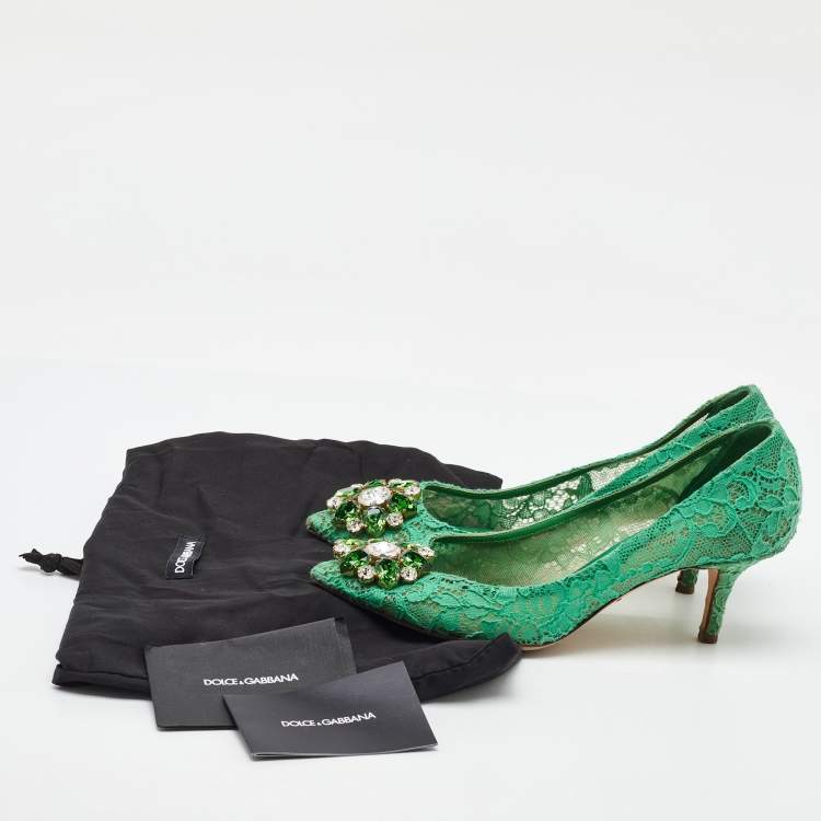 Pre Owned Dolce & Gabbana Green Lace Bellucci Crystal Embellishment Pumps Size 37