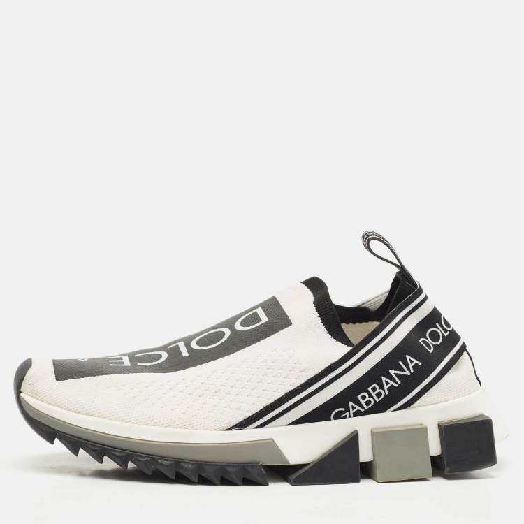 Pre Owned Dolce & Gabbana Black/White Knit Fabric Sorrento Slip On Sneakers Size 36