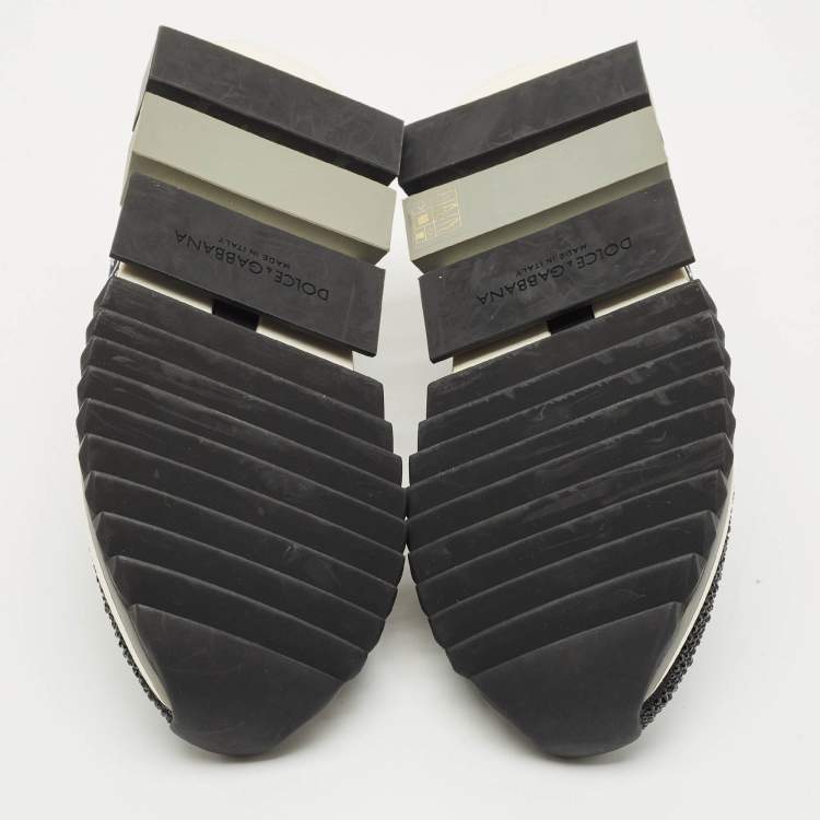 Pre Owned Dolce & Gabbana Black/White Knit Fabric Crystal Embellished Sorrento Slip On Sneakers Size 38.5