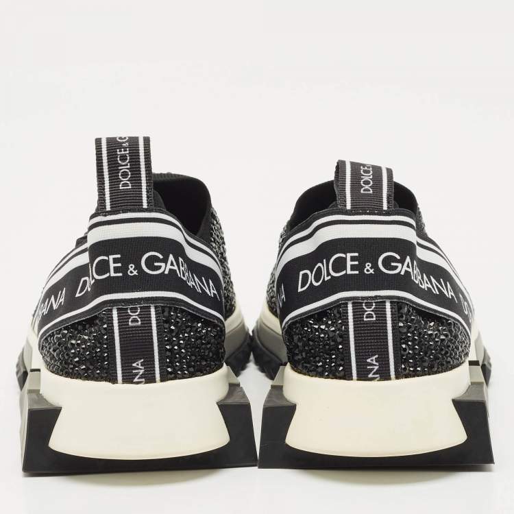 Pre Owned Dolce & Gabbana Black/White Knit Fabric Crystal Embellished Sorrento Slip On Sneakers Size 38.5