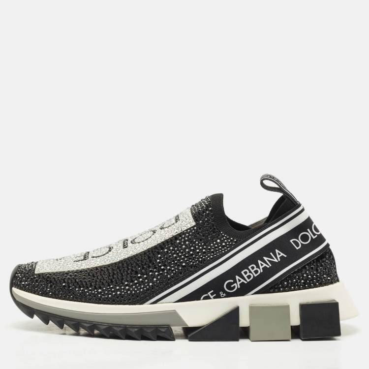Pre Owned Dolce & Gabbana Black/White Knit Fabric Crystal Embellished Sorrento Slip On Sneakers Size 38.5