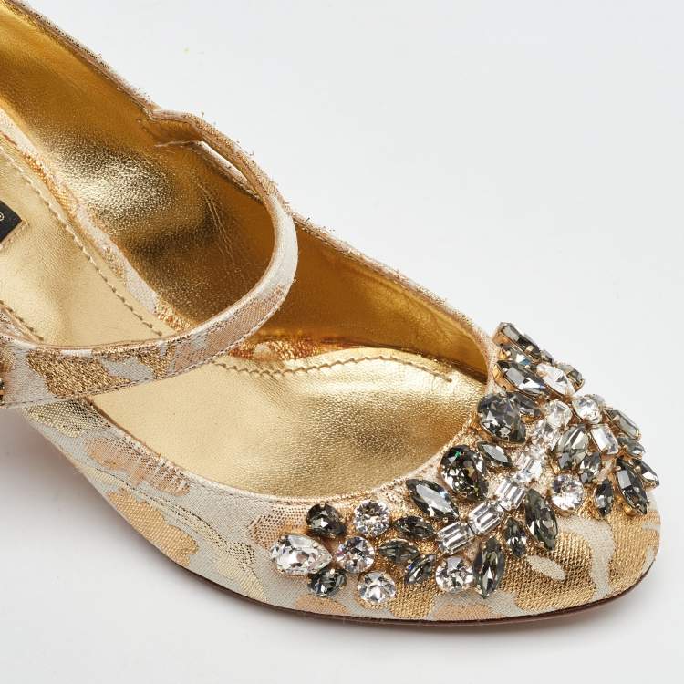 Pre Owned Dolce & Gabbana Gold/White Brocade Fabric Crystal Embellished Mary Jane Pumps Size 38