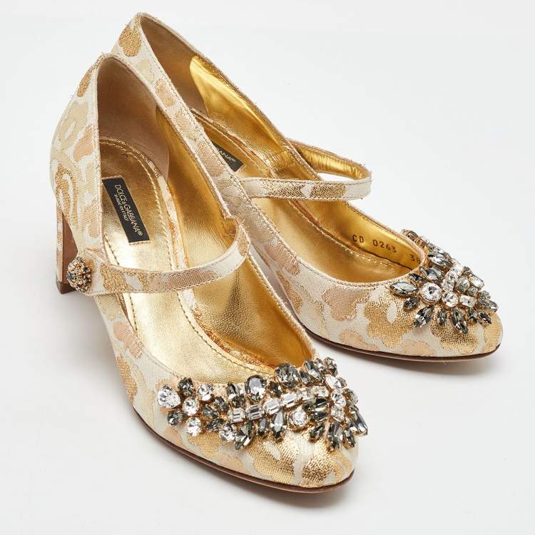 Pre Owned Dolce & Gabbana Gold/White Brocade Fabric Crystal Embellished Mary Jane Pumps Size 38