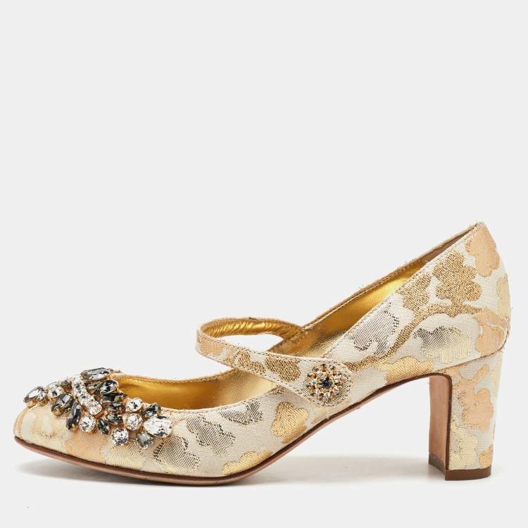 Pre Owned Dolce & Gabbana Gold/White Brocade Fabric Crystal Embellished Mary Jane Pumps Size 38