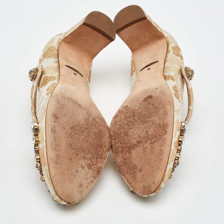 Pre Owned Dolce & Gabbana Gold/White Brocade Fabric Crystal Embellished Mary Jane Pumps Size 38